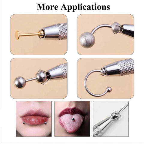 Piercing Ball Grabber Kit For Nose Ears Cartilage And Navel Threadless And Threaded Tapers 14G To 20G showing multiple applications