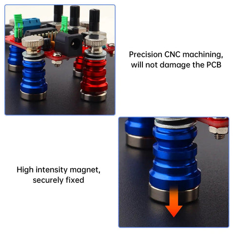 Close-up of Magnetic Helping Hands Soldering Station With 4 Magnetic PCB Clamps on black base, highlighting precision CNC machining.
