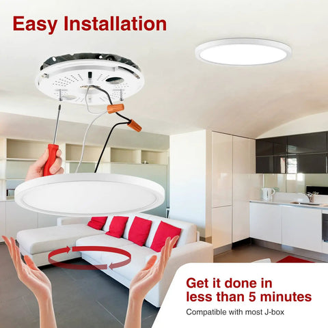 Installation of LED Flush Mount Ceiling Light 12 Inch Round Five Color Temperatures Low Profile 2000 Lumen 120 Volt No Buzz Flicker