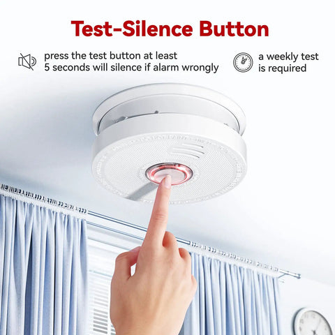 Hand pressing test button on Battery Powered Smoke Alarm Pack With Test Silence Button And Photoelectric Sensor LED Indicator UL Listed Home Fire Alarm For Your Pad 6 Pack 10 Year Battery Life With Replaceable 9V Battery And Auto Low Battery Alerts