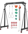 Workhorse Grade Adjustable Gantry Crane 4400 Lbs Capacity Portable Shop Lift Hoist With Manual Trolley Kit Built Tough For Garage And Auto Repair Crews Crushing Long Haul Jobs components and accessories displayed.