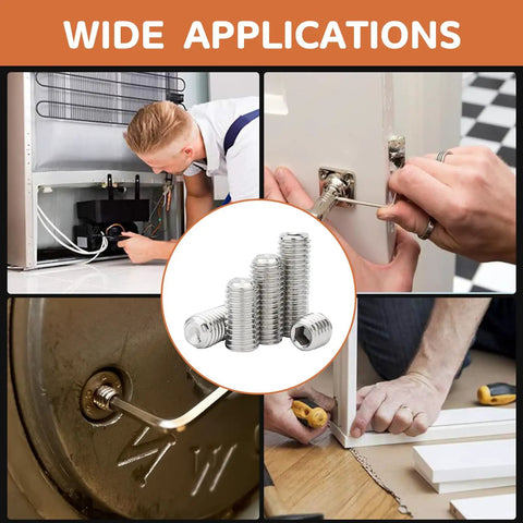 360 Piece Set Screw Kit 25 Size Metric And SAE Allen Screws For Bathroom Fixtures, shown in various installation uses.