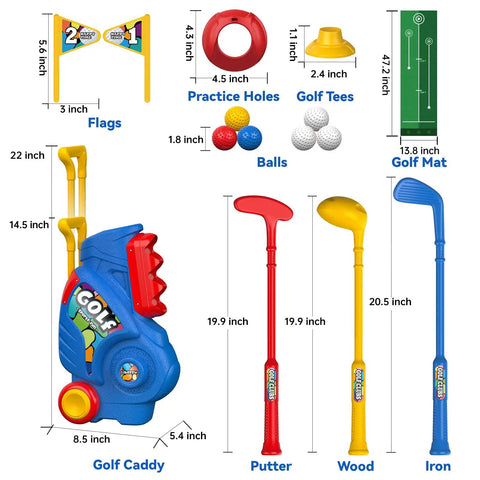 Toddler Golf Set With Putting Mat For 2 3 4 Year Olds Upgraded Kids Golf Cart With Shoulder Strap Safe Durable Plastic Indoor Outdoor Golf Toys Gift For Boys And Girls with dimensions shown