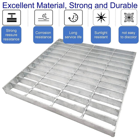 Galvanized Steel Drain Grate 16x16 In For Vodaland Catch Basin Heavy Duty Outdoor Driveway shown close-up, labeled durable, pressure resistant.