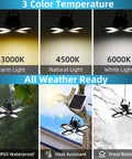 3 color temperatures of 4-Head Outdoor Solar Pendant Light With Motion Sensor, 3 Color Temperature Options, 4 Modes, Remote, 16.4ft Wire, Waterproof Security Lamp for Garage Shed Barn Shop Gazebo; IP65 waterproof, heat, and frost resistant.