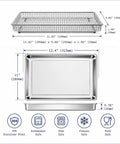 Diagram showing dimensions of Stainless Steel Baking Tray Pan And Air Fryer Basket For Cuisinart Airfryer Oven TOA 60 TOA 65 TOA 70 304 Polished Steel Corrosion Resistant Dishwasher Safe Large Tray And Basket Set For Easy Crispy Meals