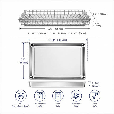 Diagram showing dimensions of Stainless Steel Baking Tray Pan And Air Fryer Basket For Cuisinart Airfryer Oven TOA 60 TOA 65 TOA 70 304 Polished Steel Corrosion Resistant Dishwasher Safe Large Tray And Basket Set For Easy Crispy Meals