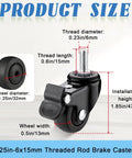 Badass Heavy Duty Swivel Caster Wheels With Parking Brakes And M6x15 Threaded Stems For Gnarly Desk Furniture And Sick Cart Build Repairs 4 Pack size diagram with measurements.