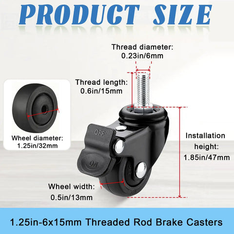 Badass Heavy Duty Swivel Caster Wheels With Parking Brakes And M6x15 Threaded Stems For Gnarly Desk Furniture And Sick Cart Build Repairs 4 Pack size diagram with measurements.