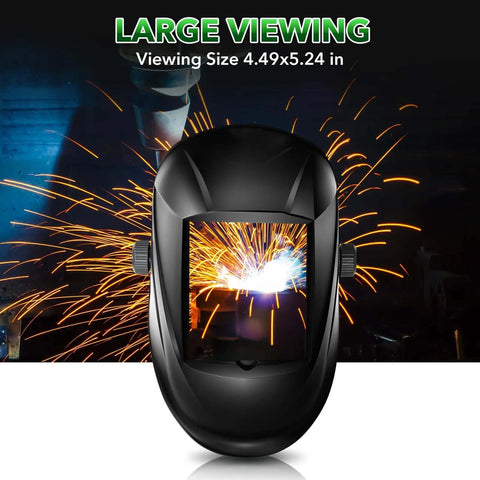 Front view of TRQWH laser welding helmet, black with large viewing window for laser welding