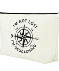 Im Not Lost Geocaching Gift Makeup Bag For Women Travel Essentials Zipper Pouch with compass design, cotton linen material
