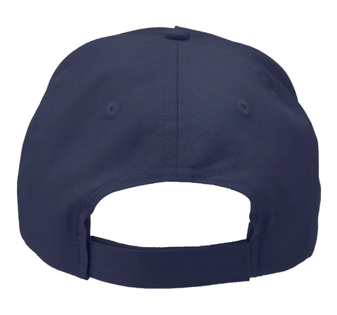 Back view of Navy Blue Industrial Gear Abandoned Factory Adjustable Structured Five Panel Baseball Hat With High Profile Crown One Size Fits Most Adults.