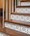 Close-up of stairs with 14 Strips Peel And Stick Stair Riser Decals Self Adhesive Vinyl Stickers For Steps Grey Clover Color 39.37 By 7.09 Inches