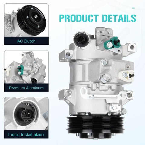 Premium AC Compressor With Clutch Assembly Fits Toyota Corolla And Matrix 1.8L showing details like AC clutch and aluminum construction.