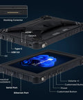 Rock Solid Heavy Duty Rugged Tablet With 10.1 Inch Sunlight Readable Screen Running Windows 11 Pro For Tough Jobsite Tasks showing ports and connectors.