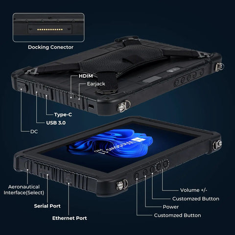 Rock Solid Heavy Duty Rugged Tablet With 10.1 Inch Sunlight Readable Screen Running Windows 11 Pro For Tough Jobsite Tasks showing ports and connectors.