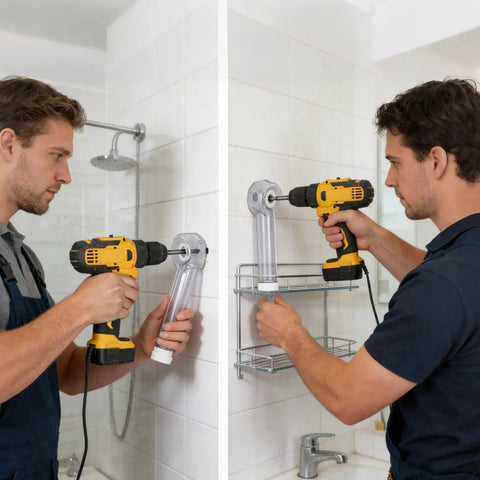 Two men using the Heavy Duty Drill Dust Catcher Plus Saw Bit Attachment for drilling in a bathroom setting.