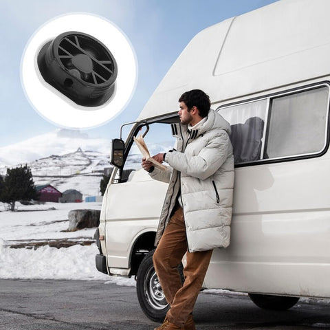 Durable Round Pin Buckle Sectional Furniture Connectors for couch and sofa shown near RV in snowy landscape.