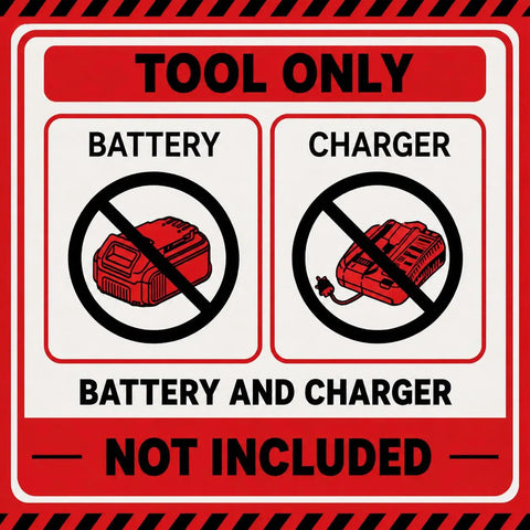 Warning label stating "Tool Only, Battery and Charger Not Included" with icons for battery and charger. Badass Brushless Cordless Angle Grinder Compatible With Milwaukee M18 Batteries Tool Only Pro Grade Heavy Duty Metal Cutting Sanding Woodworking DIY Project Powerhouse.