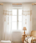 Rustic Wood Curtain Rod Set For Windows 48 To 84 Inches 1 Inch Diameter Dope Adjustable Heavy Duty Drapery Rod With Imitation Wood Grain Leaf Finials Farmhouse Style Decorative Curtain Rods Extends From 32 To 90 Inches shown installed with macrame curtains in a cozy room setting.