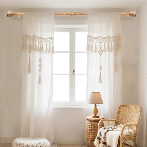 Rustic Wood Curtain Rod Set For Windows 48 To 84 Inches 1 Inch Diameter Dope Adjustable Heavy Duty Drapery Rod With Imitation Wood Grain Leaf Finials Farmhouse Style Decorative Curtain Rods Extends From 32 To 90 Inches shown installed with macrame curtains in a cozy room setting.
