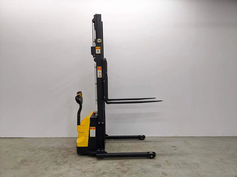 Built Tough Electric Wide Leg Pallet Stacker Heavy Lifter With 2204 Lbs Capacity And 130 Inch Lift, side view showcasing lift arms.