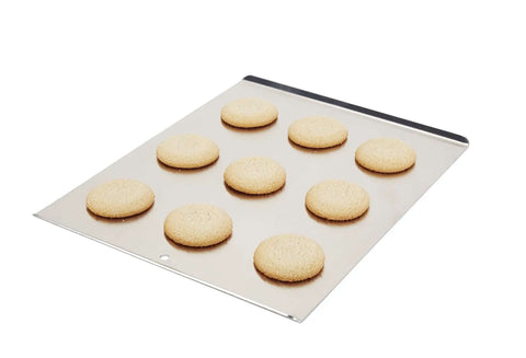 Wear-Ever Aluminum Cookie Sheet Pan 17 by 14 inches with cookies, heavy gauge, even heating, durable NSF certified, easy release, bakery use