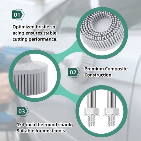 Three Piece Two Inch Bristle Disc Set For Gasket Removal Includes 50 80 120 Grit White Yellow Green Bristles With One Fourth Inch Shank