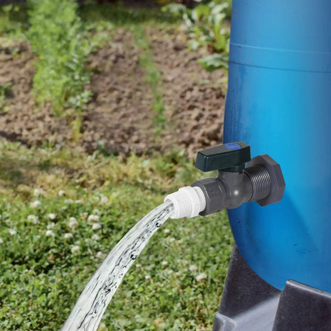 Rain Barrel Spigot Kit For Water Barrels PVC 3/4 Inch Spigot With Bulkhead Fitting Hose Adapter And Thread Seal Tape Fits Standard Faucets And Garden Hoses 2 Pack installed on a blue rain barrel with water flowing