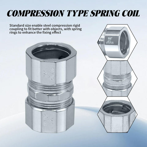 10 Pack Steel Compression Rigid Couplings Built Tough Heavy Duty One Half Inch Zinc Plated Threadless Conduit Fittings With Spring Coil For Connecting Rigid Tubes To Tubes Metal Electrical Conduit Connectors, 1/2 in