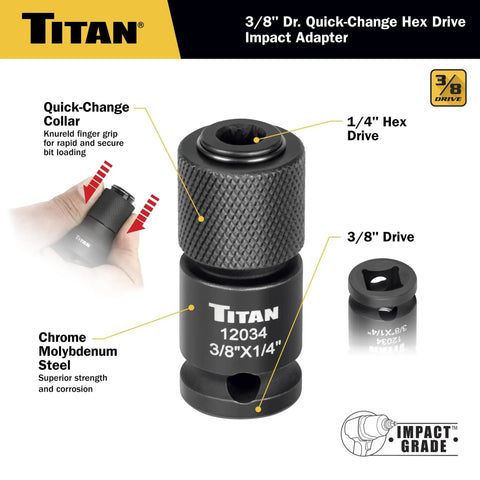 Three Eighths Inch Square Drive To One Quarter Inch Hex Quick Change Adapter For Impact Wrenches And Ratchets Heavy Duty Chrome Molybdenum Steel With Quick Release Collar Built To Last, showing quick-change collar and hex drive details.