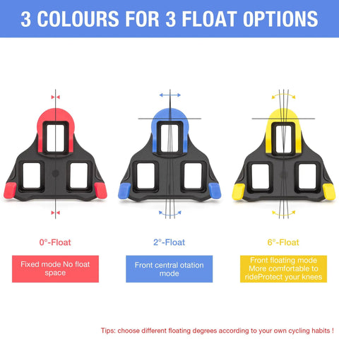 Cleats Compatible With SPD SL 0 Degree Float Adjustable shown in red, blue, and yellow for power transfer in cycling shoes.