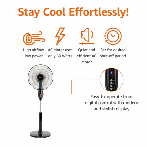 16 Inch Pedestal Fan With Remote For Bedroom Living Room And Office Adjustable Height Dual Layered Blades 3 Speeds Timer