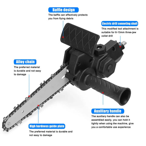 Straight Up Best Electric Chainsaw Attachment Modifies Standard Drills Into A Badass 6 Inch Power Cutter, featuring alloy chain and baffle design.
