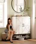 Farmhouse Style Shoe Cabinet With Two Barn Doors, 32 Inch Antique White Storage Organizer in entryway with industrial black accents