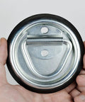 Heavy Duty D Ring Tie Down Anchors Four Inch Flush Surface Mount Hardware Four Pack For Trailers Trucks And Pickup Campers Hella Tough With Two Thousand Lbs Breaking Strength Secure Your Rig Solid Now, showing the galvanized steel base and rubber edge.