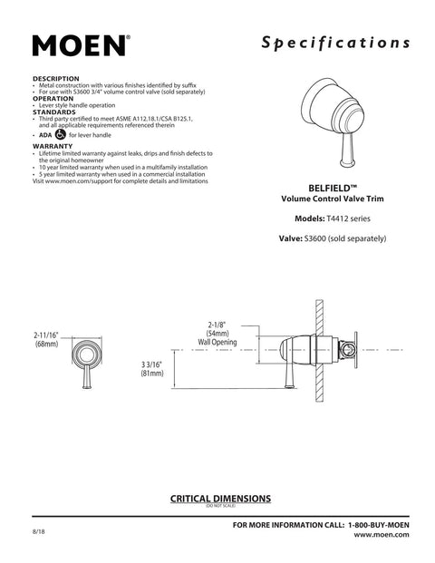 Belfield Volume Control Valve Trim Kit Chrome Finish With Three Quarter Inch Valve Inlet And M Pact System Compatibility blueprint