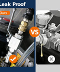 Two-panel image of a 3/4 in high-pressure hydraulic ball valve with NPT fittings; left brass connector, right another valve.