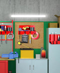 Magnetic Garage Organizer Set Three Pack With Heavy Duty Fridge Shelf Trays And Twelve Hooks, 20 Pound Capacity, Red in a workshop.