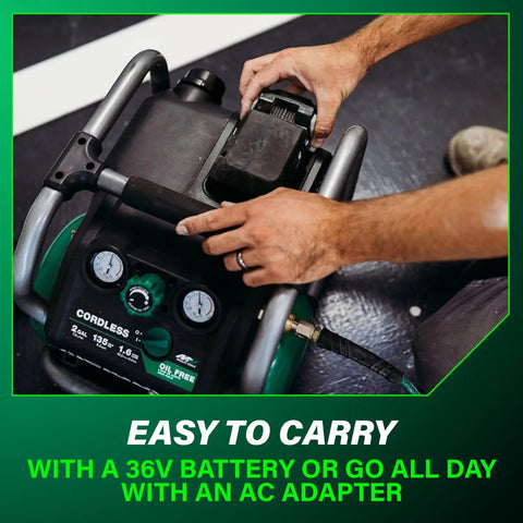 36V MultiVolt 2 Gallon Cordless Air Compressor with handle, featuring EC36DAQ4 model, suitable for pneumatic finish nailers
