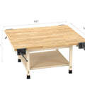 Solid Heavy Duty Student Workshop Table With Four Built In Bench Vises, 64x54in maple hardwood surface with an open lower shelf.