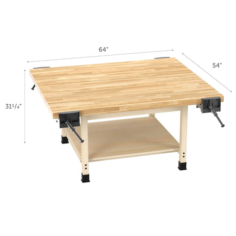 Solid Heavy Duty Student Workshop Table With Four Built In Bench Vises, 64x54in maple hardwood surface with an open lower shelf.