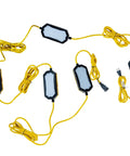 Heavy Duty 100 FT LED String Work Lights X Shaped Uplight Tough As Nails IP65 weatherproof string lights with yellow cables.
