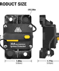 Rock Solid 30 Amp Circuit Breaker Fuse Inline Holder with dimensions 2.91 x 1.89 x 1.77 inches, featuring waterproof and ignition protection.