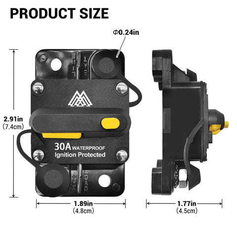 Rock Solid 30 Amp Circuit Breaker Fuse Inline Holder with dimensions 2.91 x 1.89 x 1.77 inches, featuring waterproof and ignition protection.
