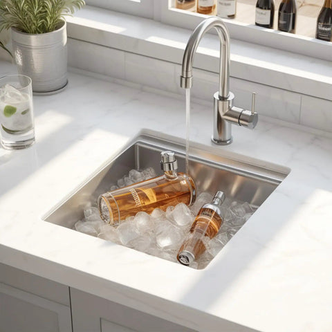 13x15 Inch Stainless Steel Bar Sink Undermount For RVs And Kitchen, Workstation Wet Bar Prep Sink in use with ice and bottles