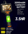 Industrial Borescope Endoscope With 4.3 Inch IPS Screen And 1920P HD Camera, Eight LED Lights, 16.5 Foot Semi Rigid Probe That Snakes Through Tight Spots For Quick Internal Inspections And Real World Diagnostics. Handheld view with 2000mAh battery and USB-C charging