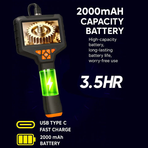 Industrial Borescope Endoscope With 4.3 Inch IPS Screen And 1920P HD Camera, Eight LED Lights, 16.5 Foot Semi Rigid Probe That Snakes Through Tight Spots For Quick Internal Inspections And Real World Diagnostics. Handheld view with 2000mAh battery and USB-C charging