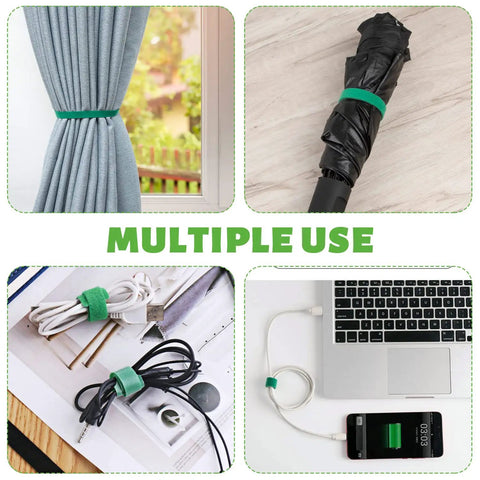 Multiple uses of Six Roll Green Plant Tape Set For Garden Support shown in securing cables, curtains, and umbrellas.
