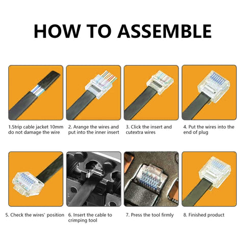 Assembly steps for Cat6 RJ45 Connectors For Slim Flat Ethernet Cables 30 And 32 AWG with load bar and gold plated contacts